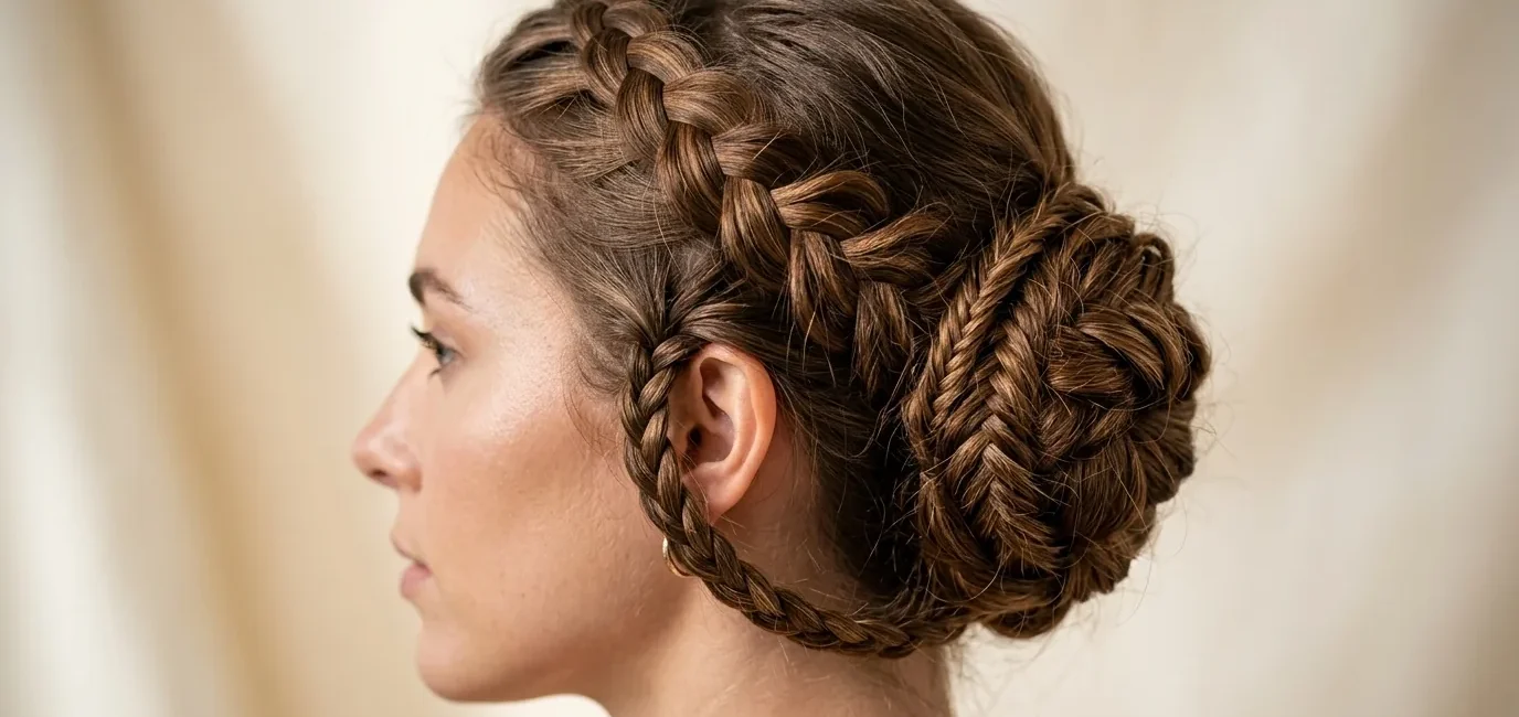 Woman with intricate braided updo showing detailed weaving patterns and summer styling texture