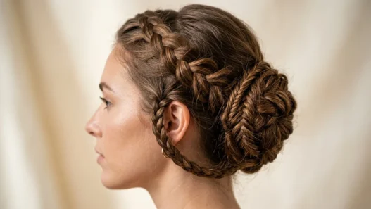 Woman with intricate braided updo showing detailed weaving patterns and summer styling texture