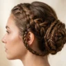 Woman with intricate braided updo showing detailed weaving patterns and summer styling texture