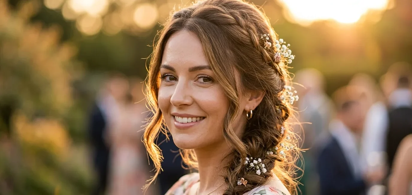 Woman with elegant summer wedding guest hairstyle in golden hour sunlight