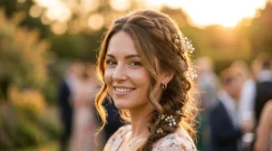 Woman with elegant summer wedding guest hairstyle in golden hour sunlight