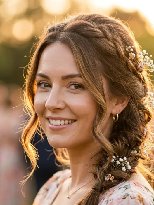 Woman with elegant summer wedding guest hairstyle in golden hour sunlight