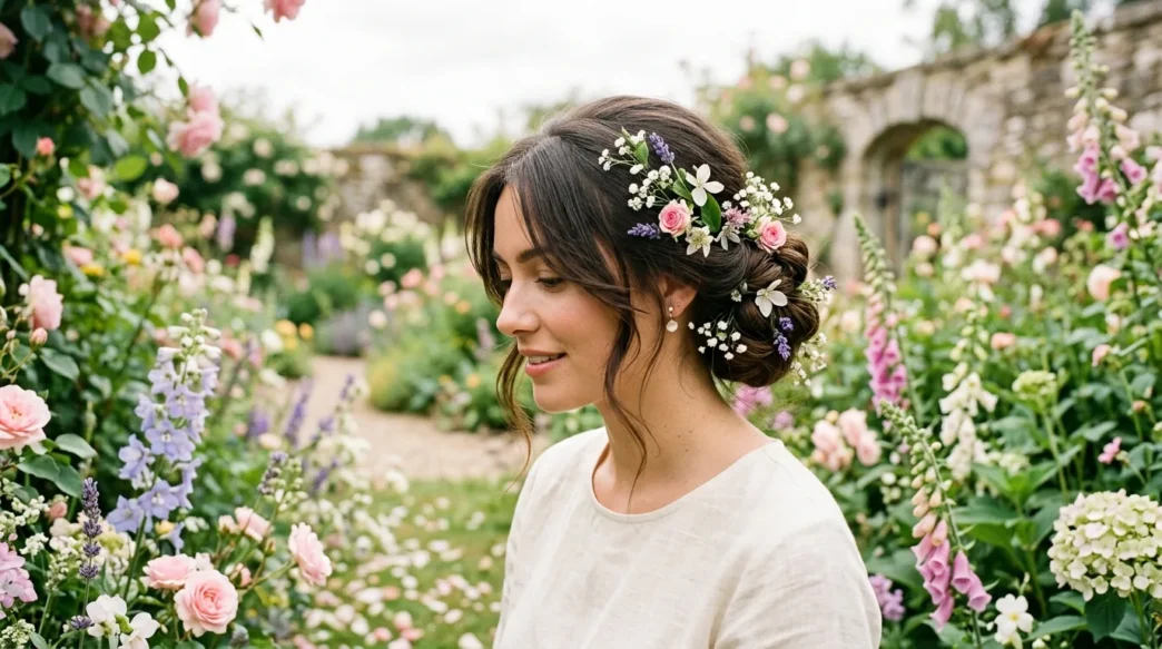 Woman with elegant updo hairstyle in blooming garden setting with natural lighting and wildflowers