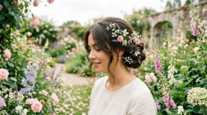 Woman with elegant updo hairstyle in blooming garden setting with natural lighting and wildflowers