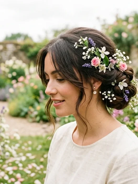 Woman with elegant updo hairstyle in blooming garden setting with natural lighting and wildflowers
