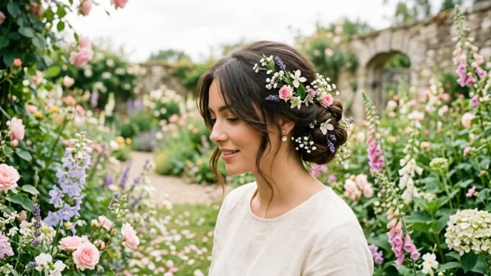 Woman with elegant updo hairstyle in blooming garden setting with natural lighting and wildflowers
