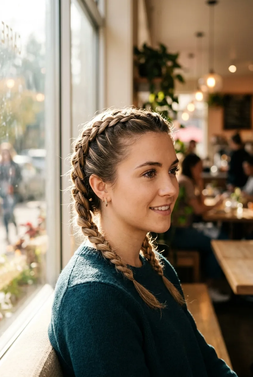 Woman with symmetrical double dutch braids creating raised rope-like texture effects