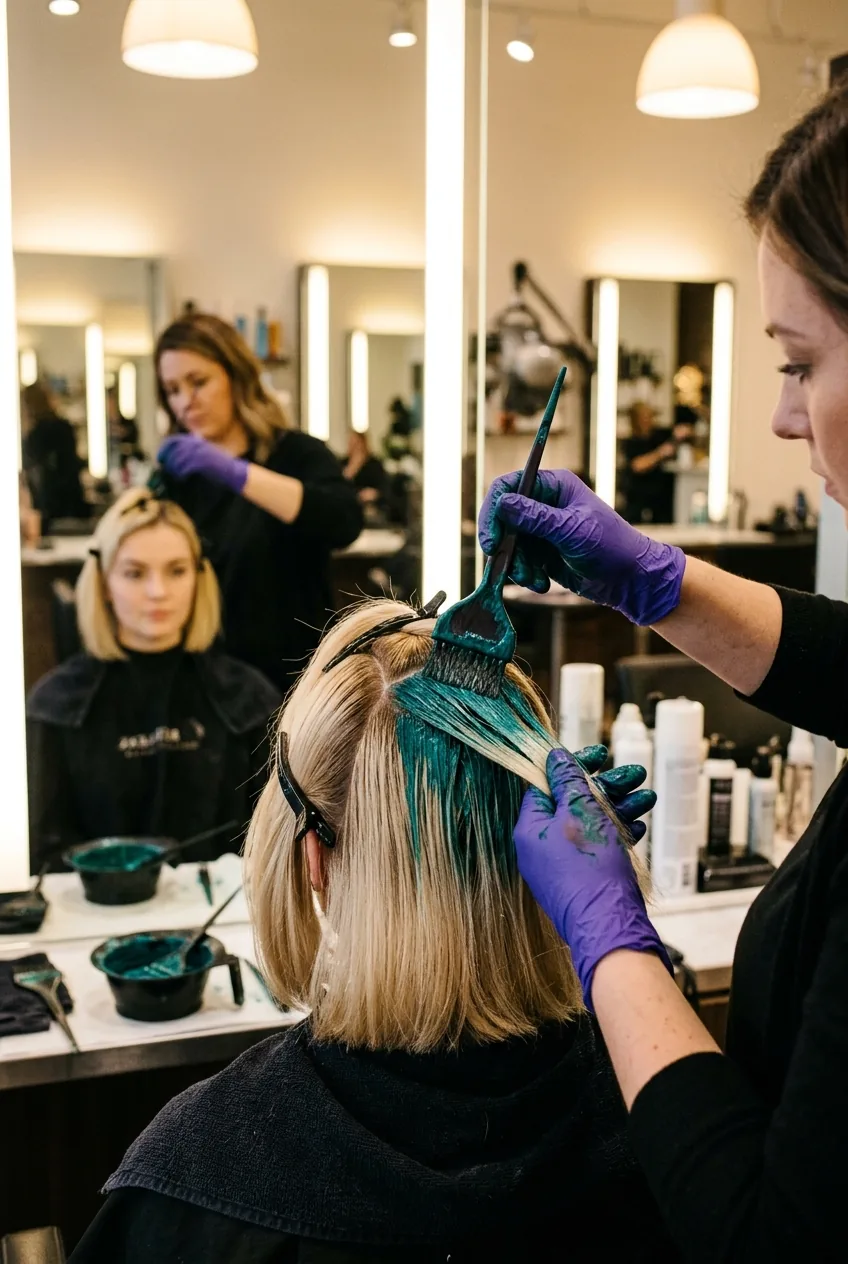 Hairstylist's gloved hands applying teal color to precisely sectioned bob with professional brush