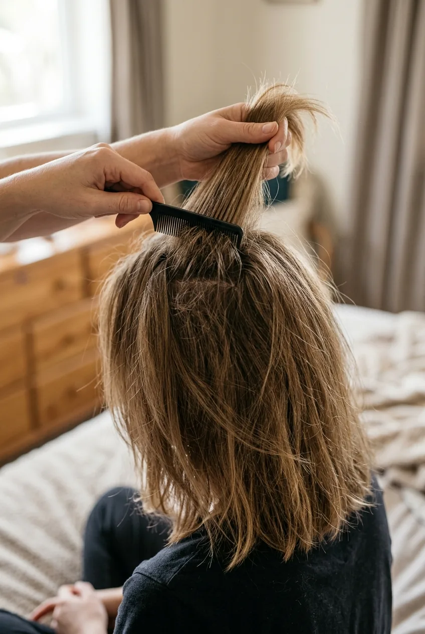 Close-up of teasing technique at hair crown using fine-tooth comb to create volume