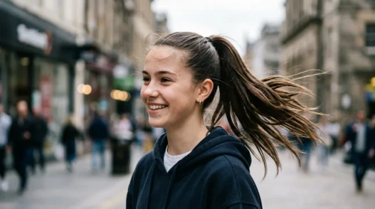 Teenage girl with sleek high ponytail showing volume at crown in natural daylight