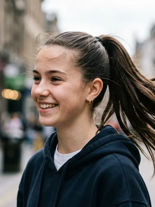 Teenage girl with sleek high ponytail showing volume at crown in natural daylight
