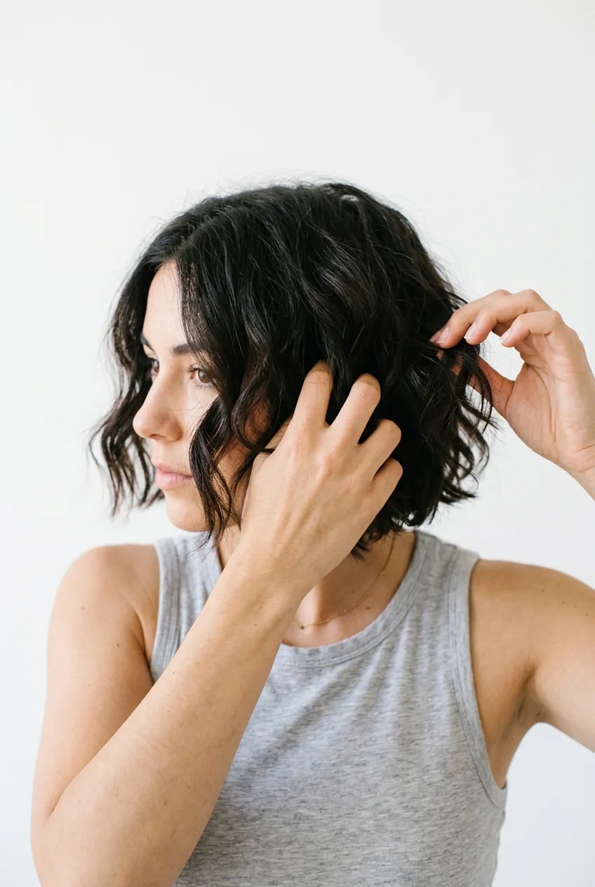 Fingers scrunching and twisting random sections of French bob to create natural texture