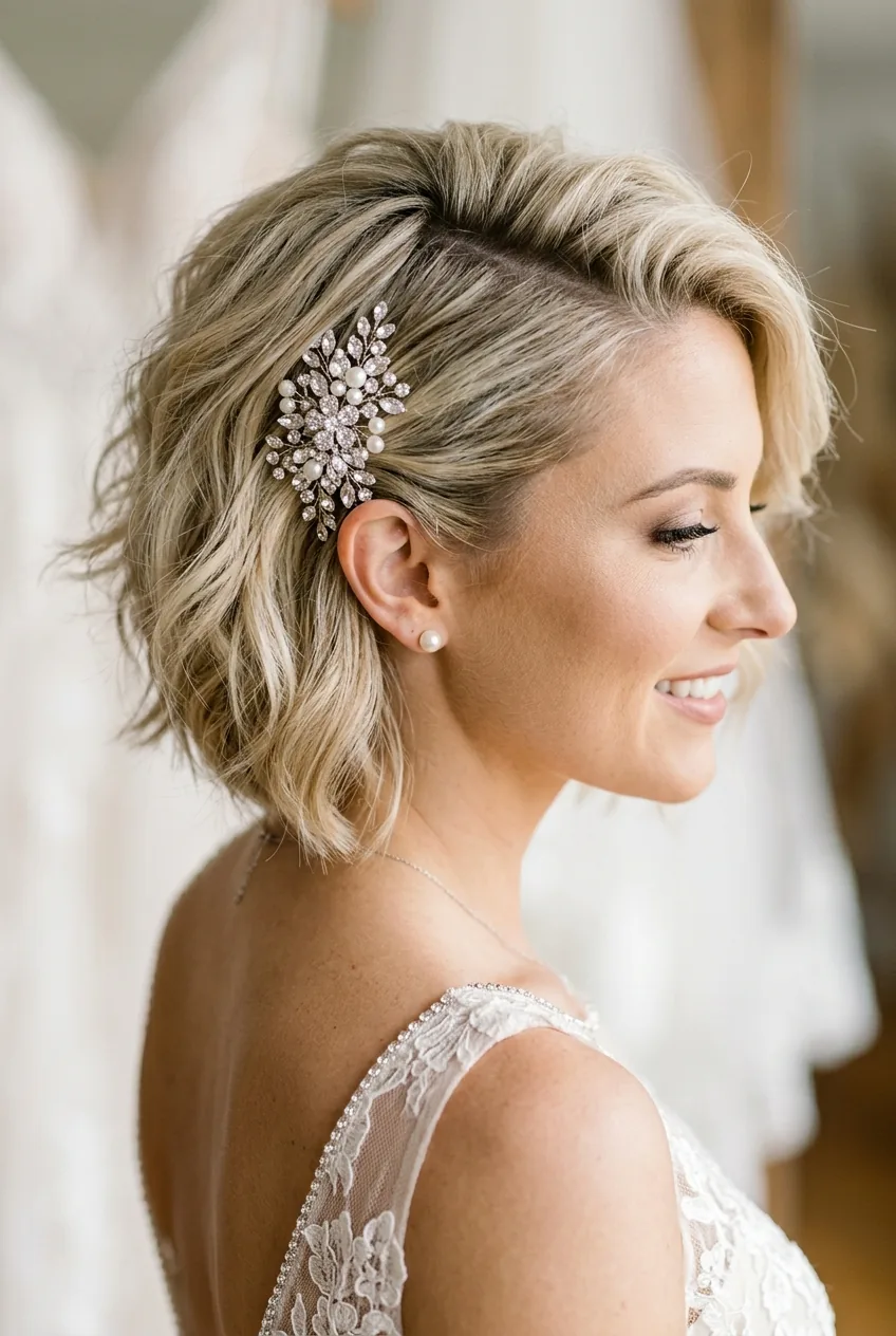 Textured bob with dramatic side part and sparkly hair clip tucked behind ear