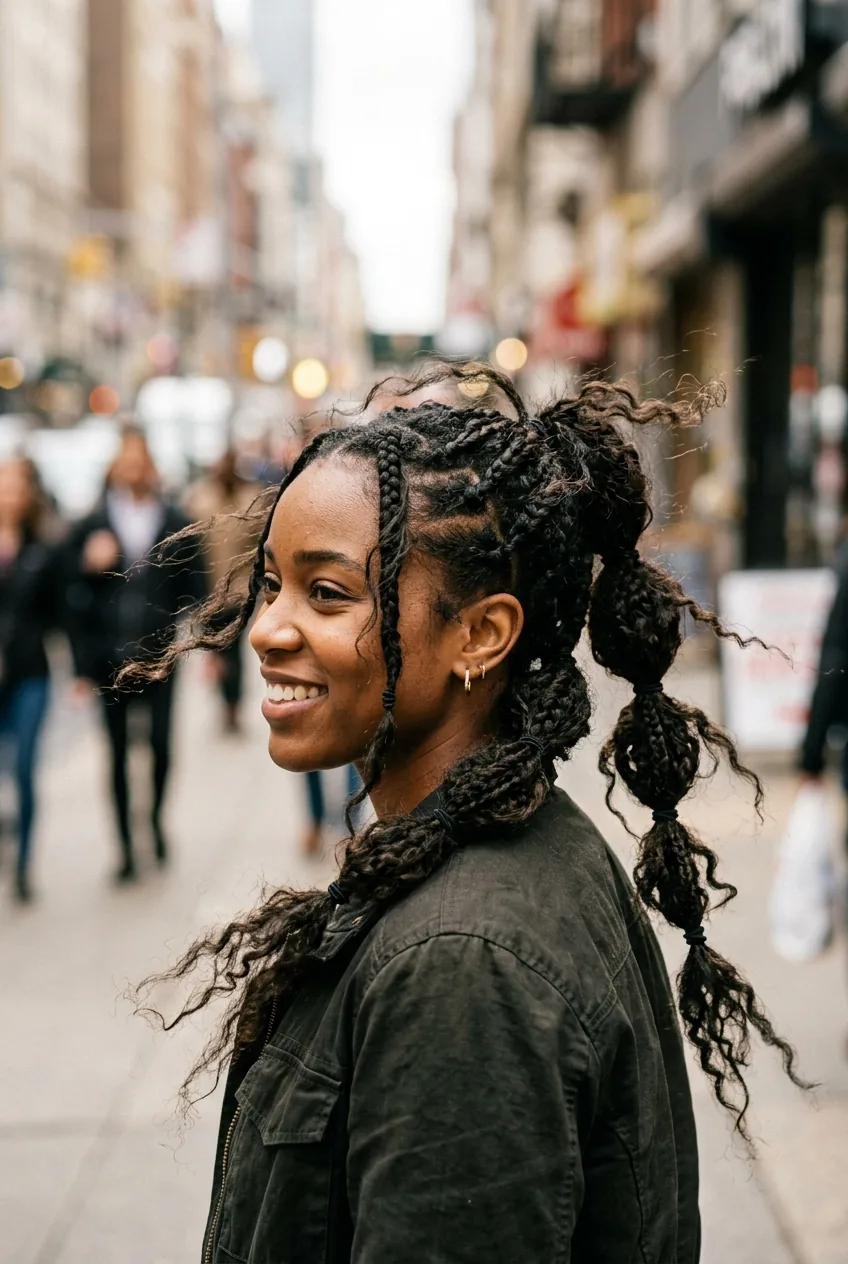 Woman with textured bubble braids showing deliberate imperfection and volume
