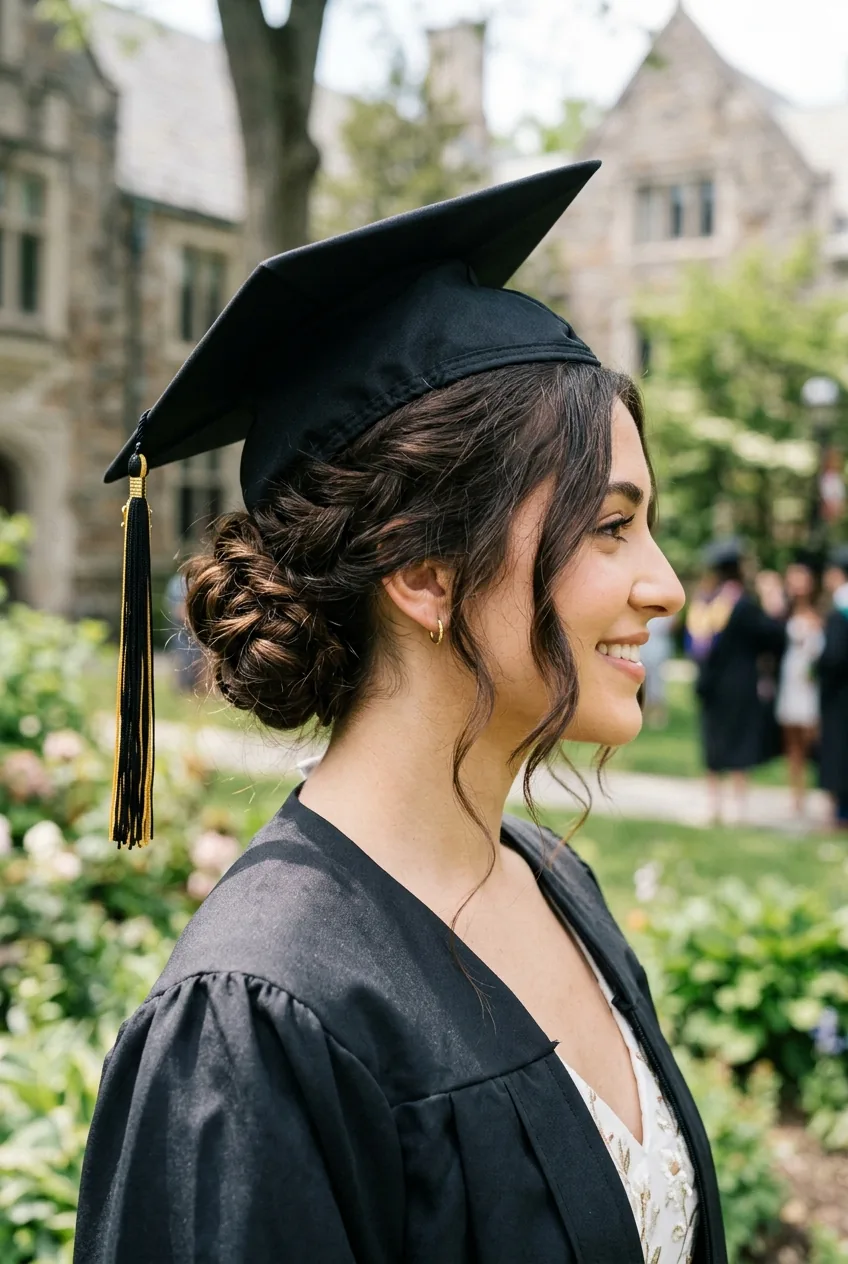 Side profile of graduate with textured low chignon hairstyle wearing cap and gown outdoors
