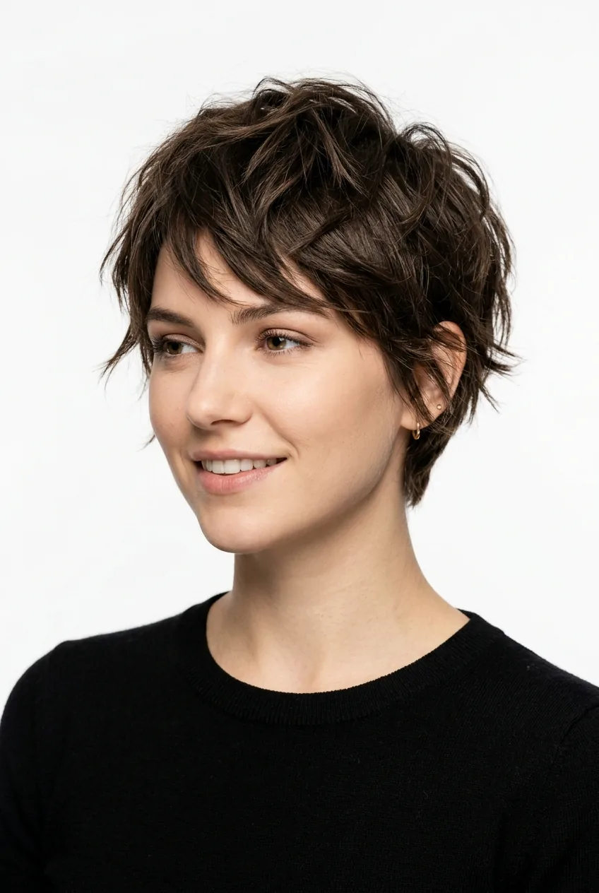 Woman with textured crop haircut featuring choppy layers and natural volume