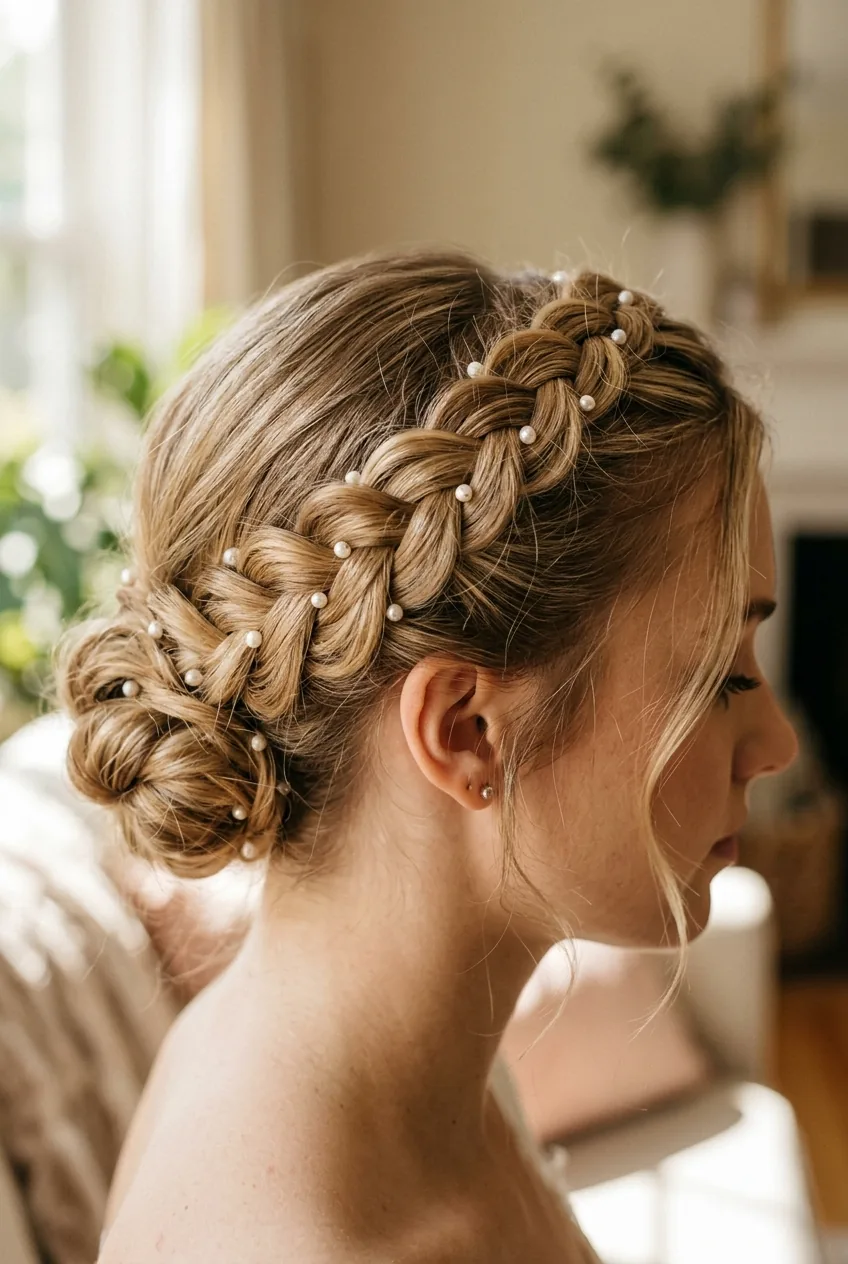Close-up of fine hair in textured crown braid with small pearl pins creating volume