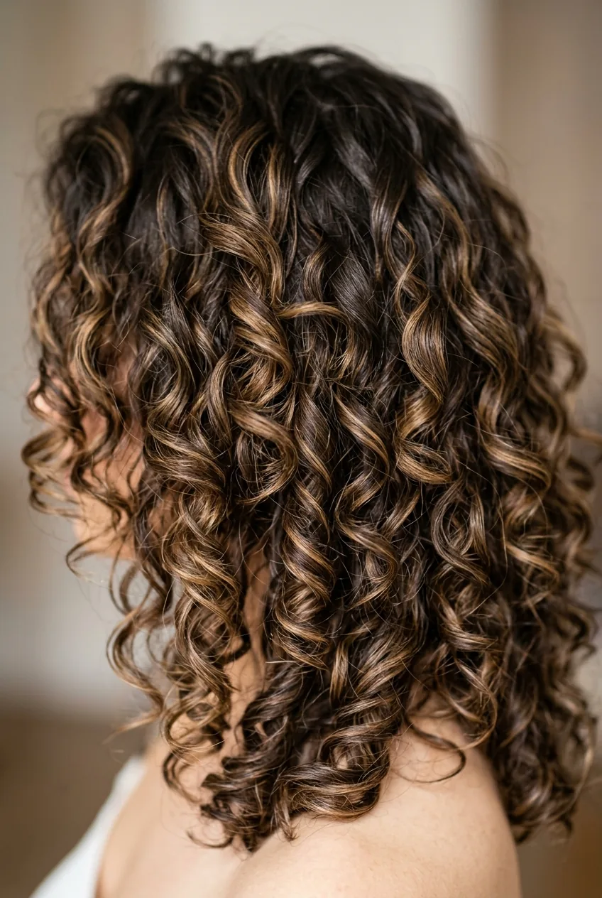 Textured curly lob with varied layer lengths and caramel balayage highlights showing movement