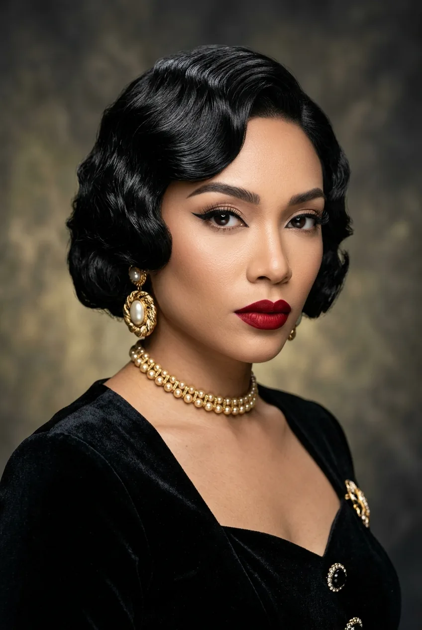 Front view of bob-length hair styled in textured finger waves with retro glamour