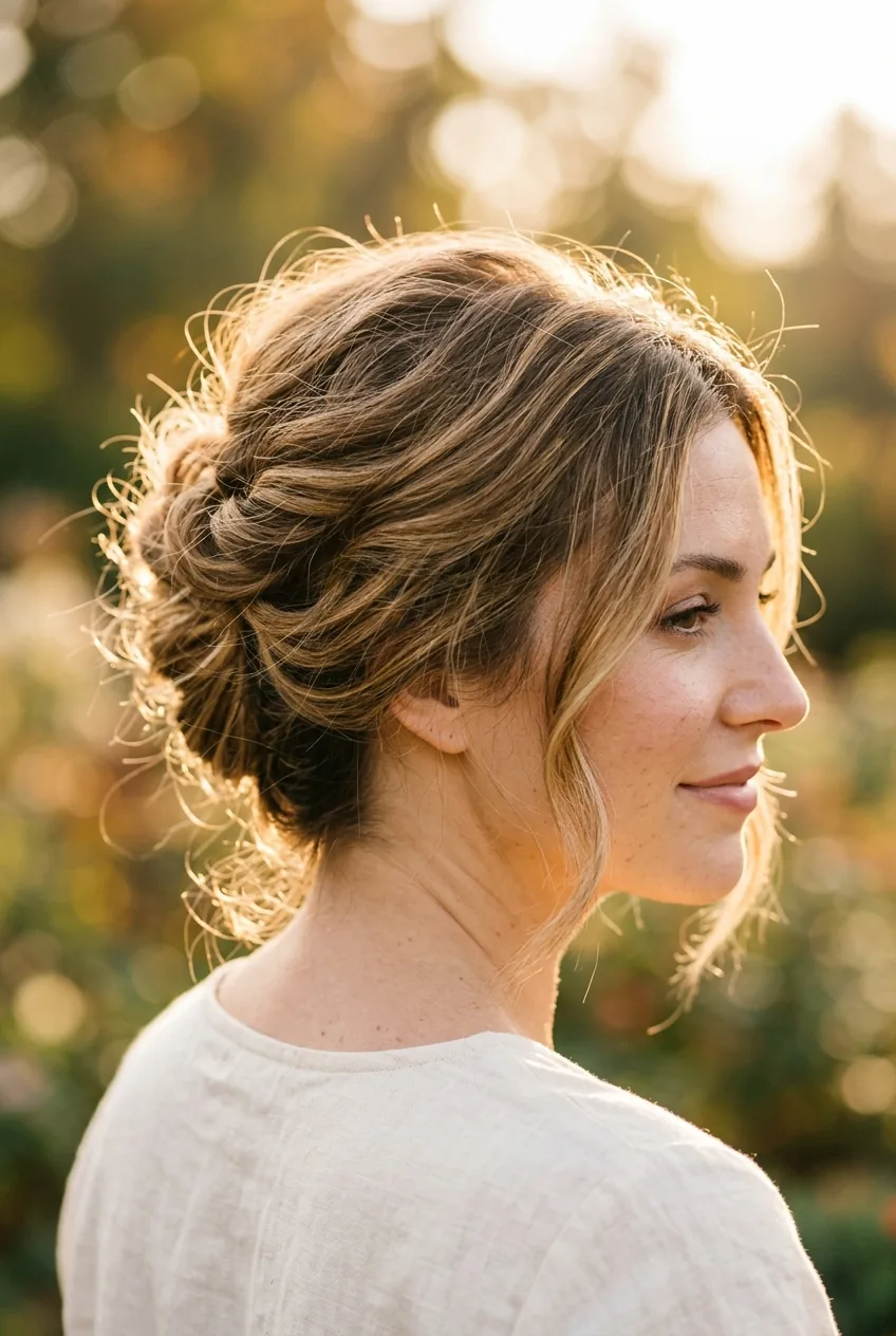 Woman with textured French twist updo featuring deliberately messy loose pieces
