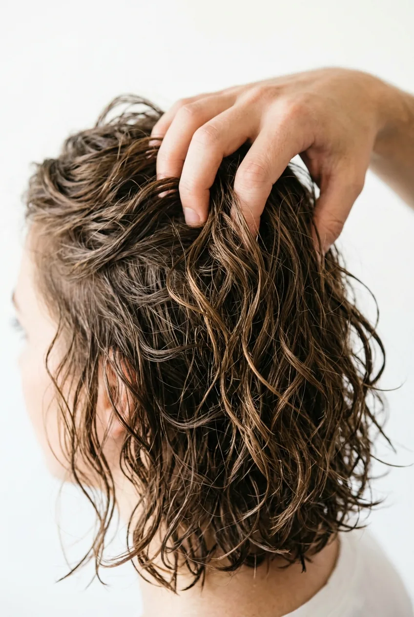 Hands applying texturizing spray to damp hair, scrunching for volume and grip in hair preparation stage