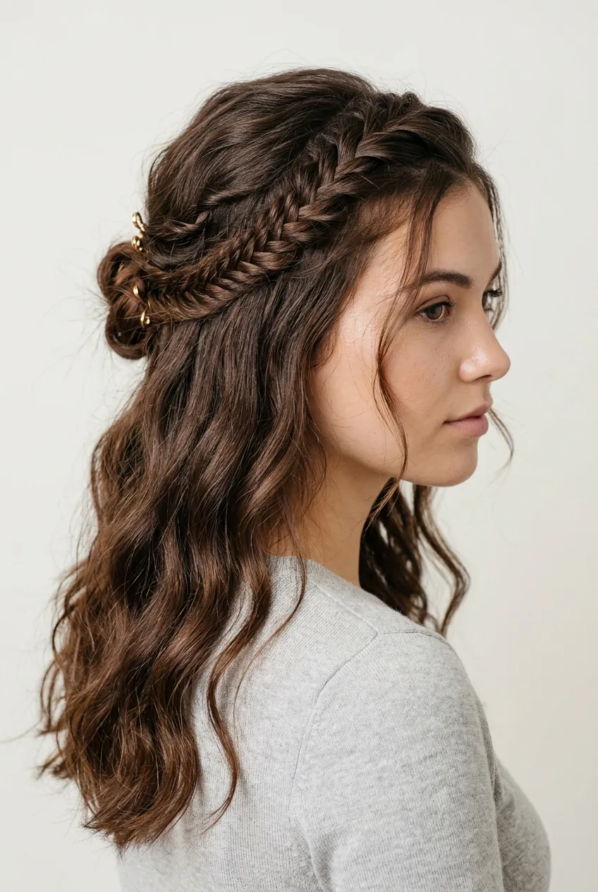 Three-quarter view displaying textured half up hairstyle with braided elements and flowing sections