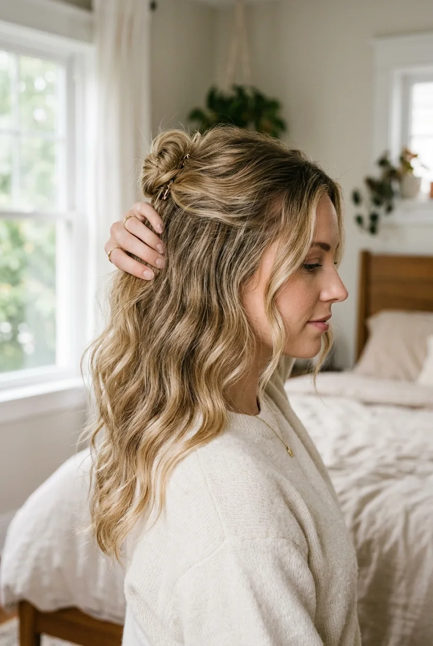 Close-up of textured half-up hairstyle with loose waves and natural volume in soft bedroom lighting