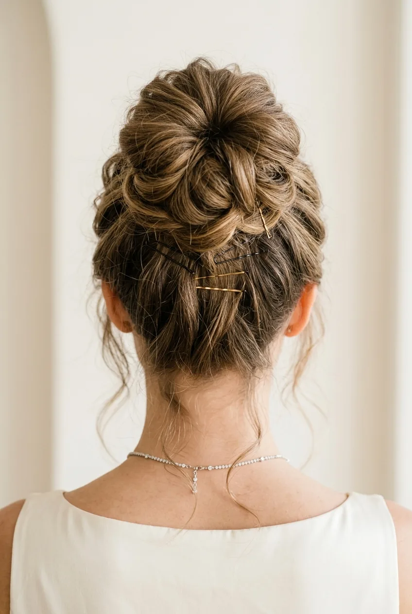 Back view of textured high bun showing crown volume and bobby pin technique