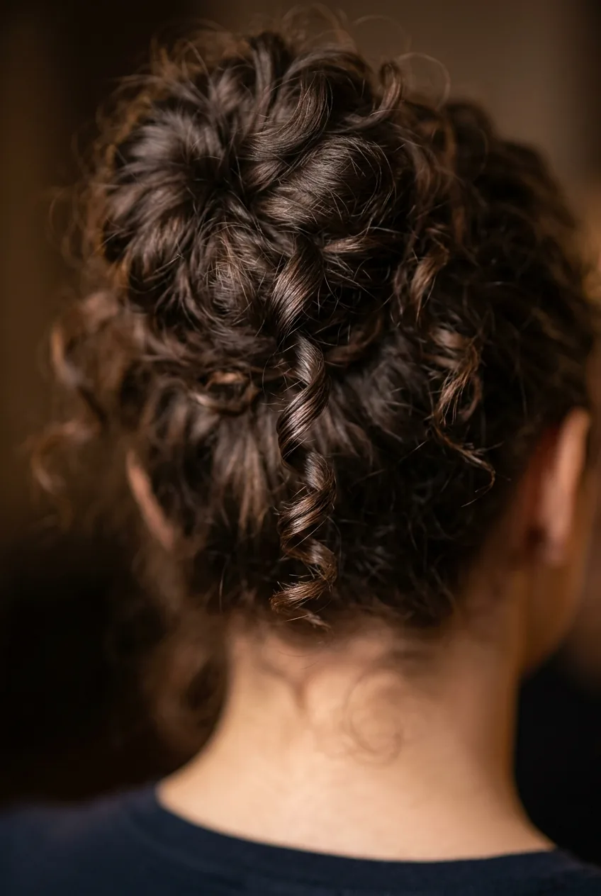 Back view of woman with textured high bun featuring intentionally messy curly pieces escaping naturally