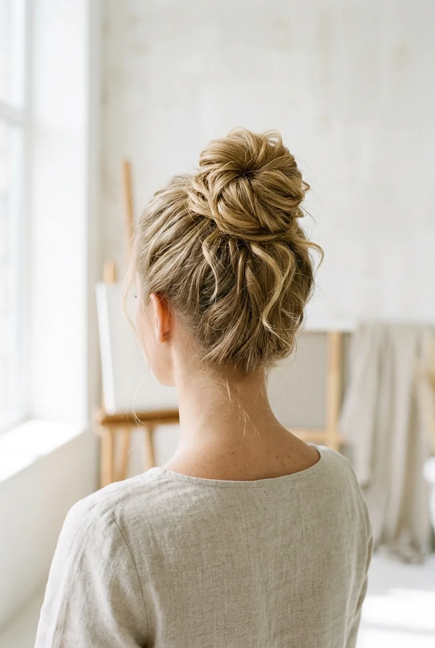 High textured topknot with soft undone aesthetic shown from back view angle