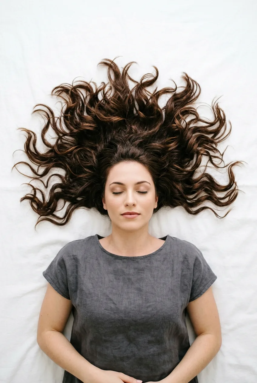 Textured layered hair spread in natural waves showing movement and dimension from above