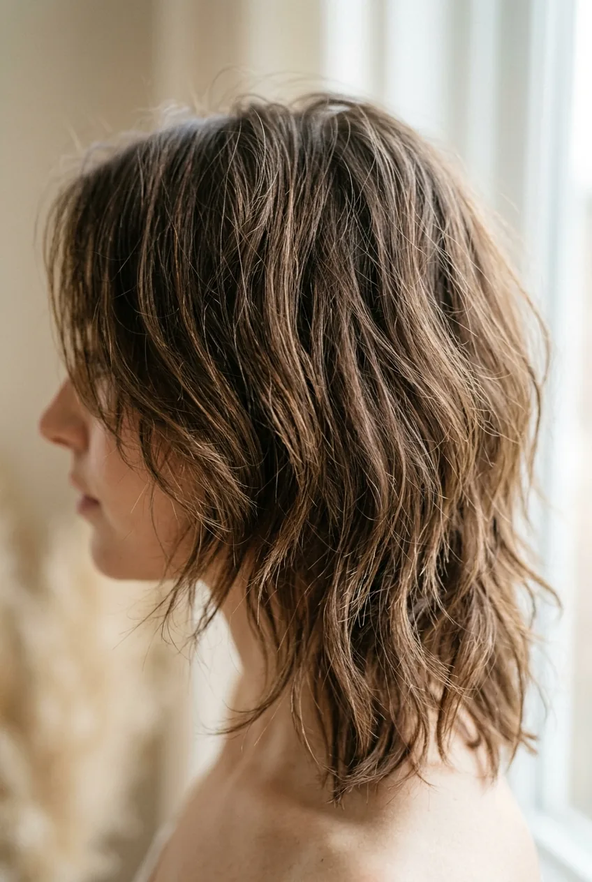 Woman's textured mid-length hair showing piece-y layered separation and lived-in movement