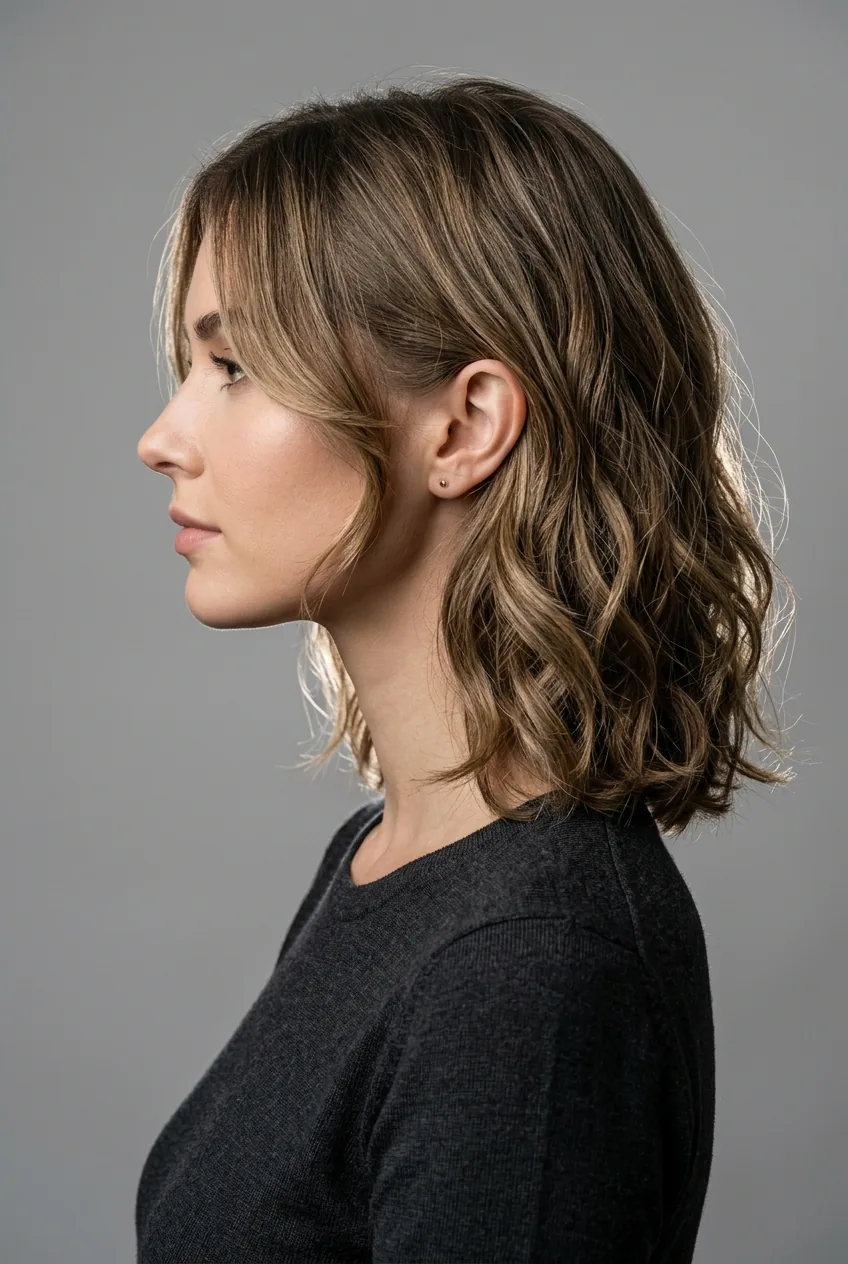 Woman with textured collarbone-length lob cut displaying subtle face-framing layers from side angle