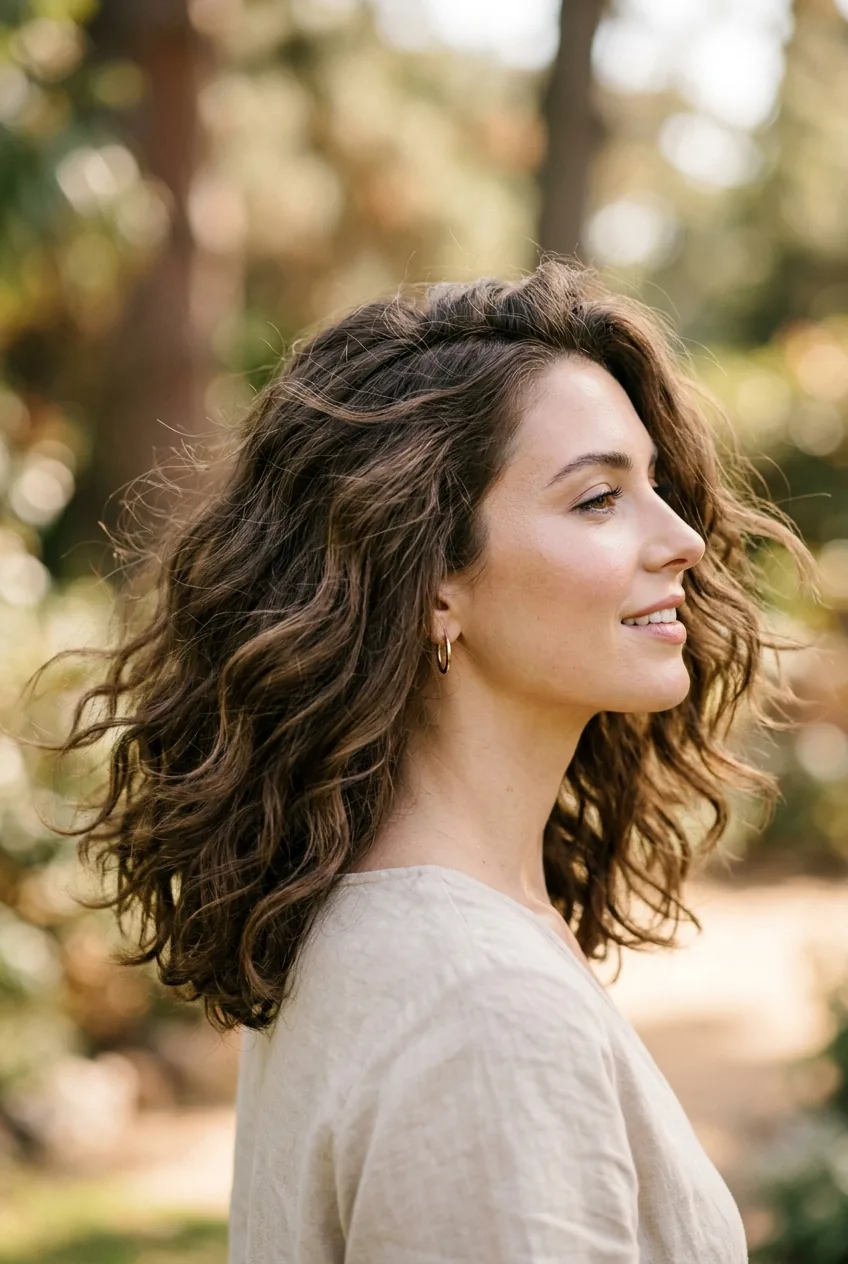 Side profile of woman with loose textured waves showing natural movement and effortless styling