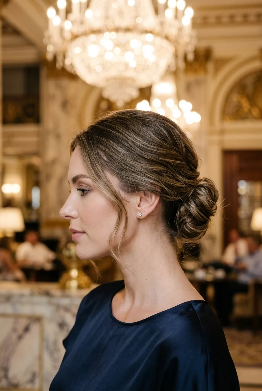 Textured low bun styled to look effortlessly sophisticated with natural movement