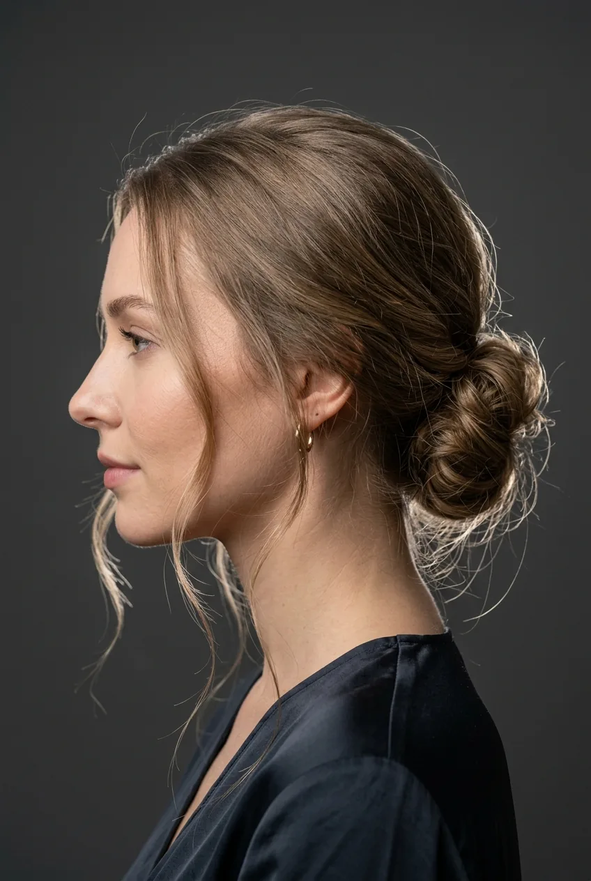 Woman with fine hair styled in textured low bun with loose face-framing pieces