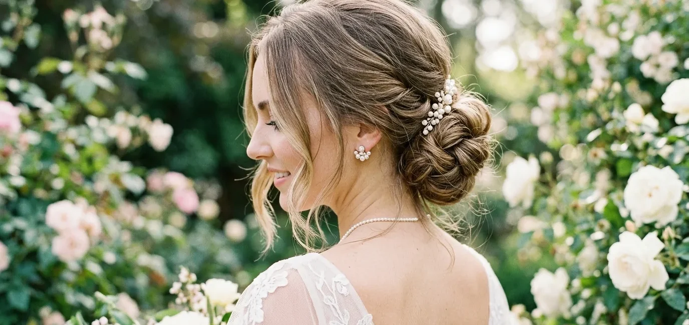 Bride with shoulder-length textured low bun showing loose face-framing pieces and pearl earrings