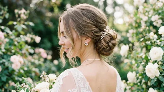 Bride with shoulder-length textured low bun showing loose face-framing pieces and pearl earrings