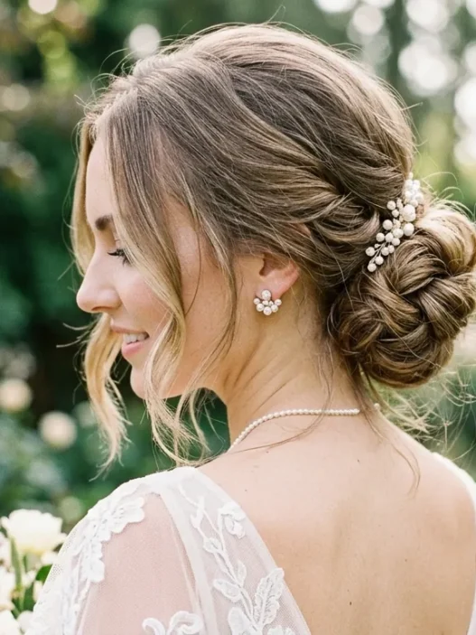 Bride with shoulder-length textured low bun showing loose face-framing pieces and pearl earrings