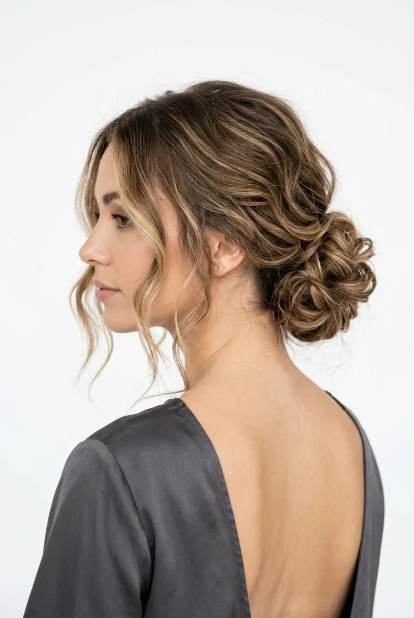 Woman with textured low bun showing loose pieces and dimensional updo styling