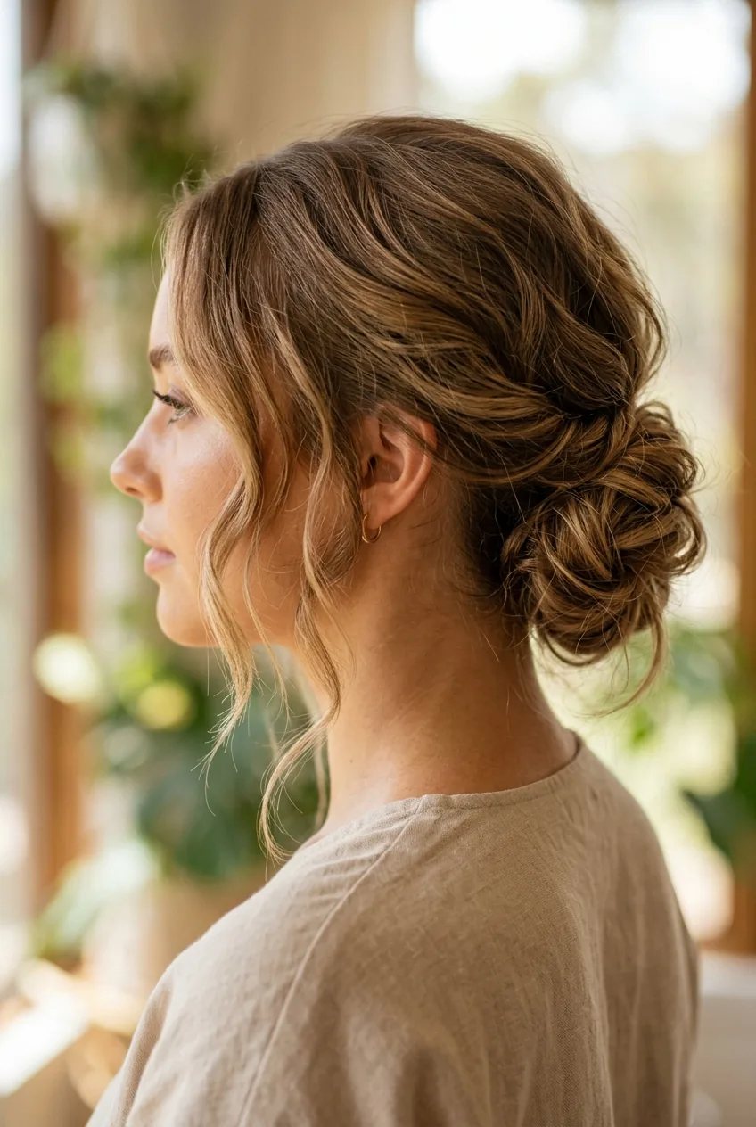 Textured low bun hairstyle with deliberately messy face-framing pieces in three-quarter view
