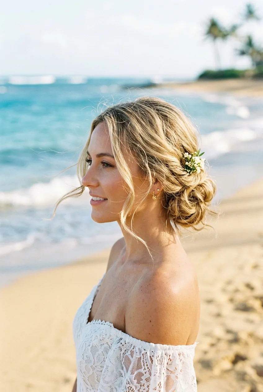 Low textured bun wedding hairstyle with wispy pieces around woman's face at beach