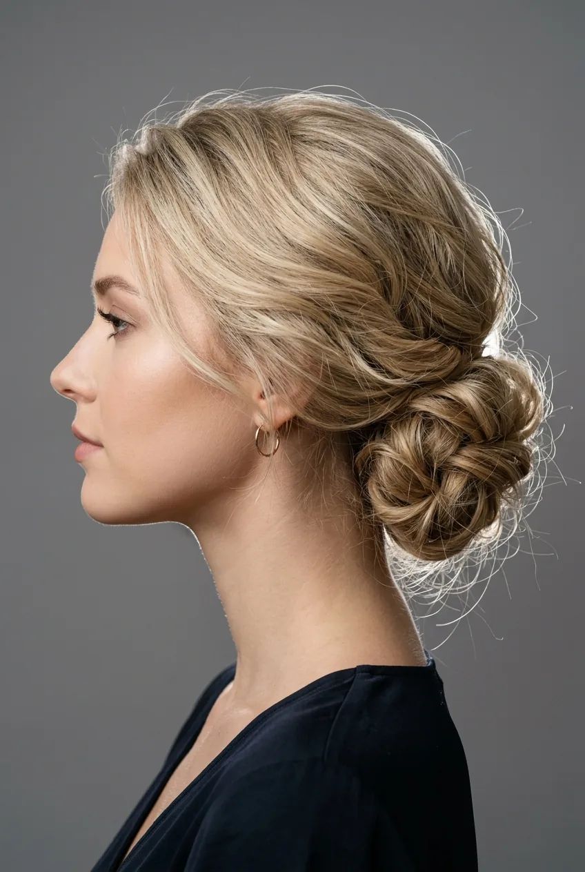 Woman with fine hair styled in textured low chignon showing added volume and texture