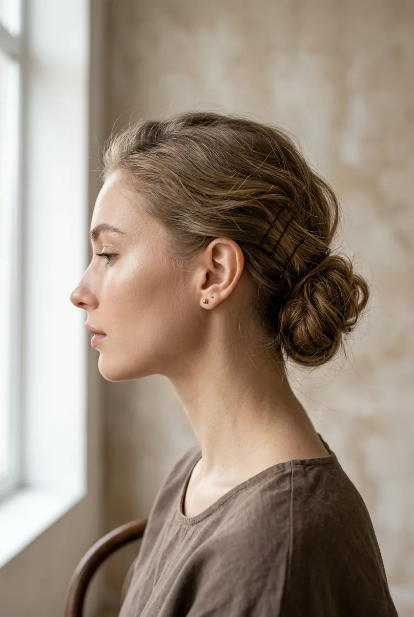 Woman with fine hair styled in textured low chignon with visible bobby pins and soft lighting