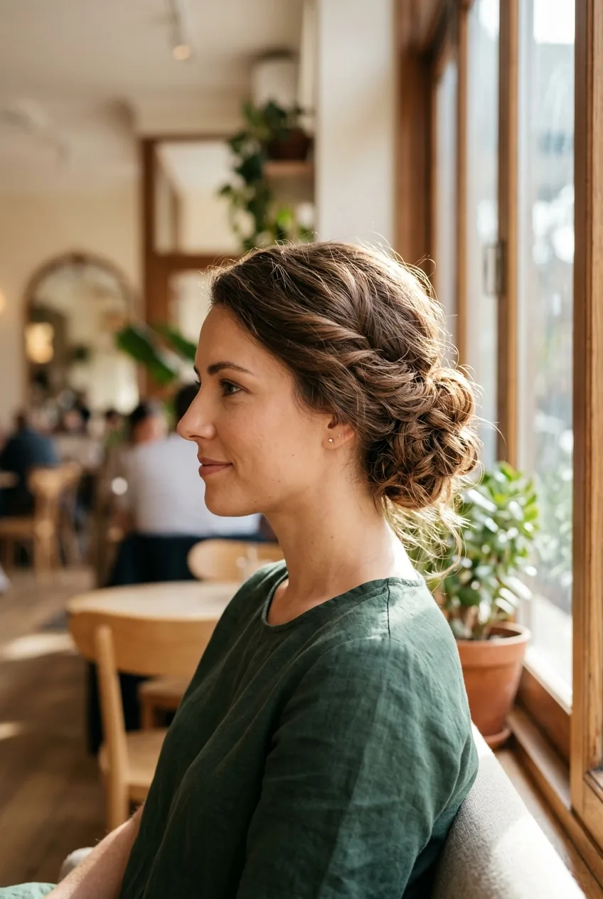 Woman with textured low chignon updo showing soft romantic pieces