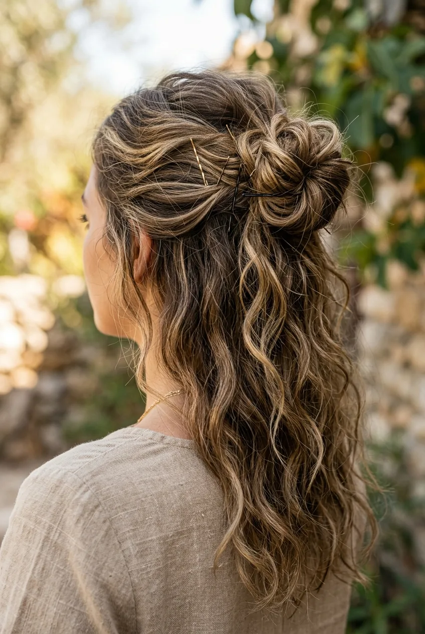 Textured messy bun half-up style showing loosely pinned sections with tousled waves flowing below