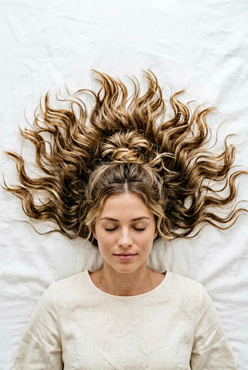 Textured half up messy bun with tousled waves and effortless face-framing pieces