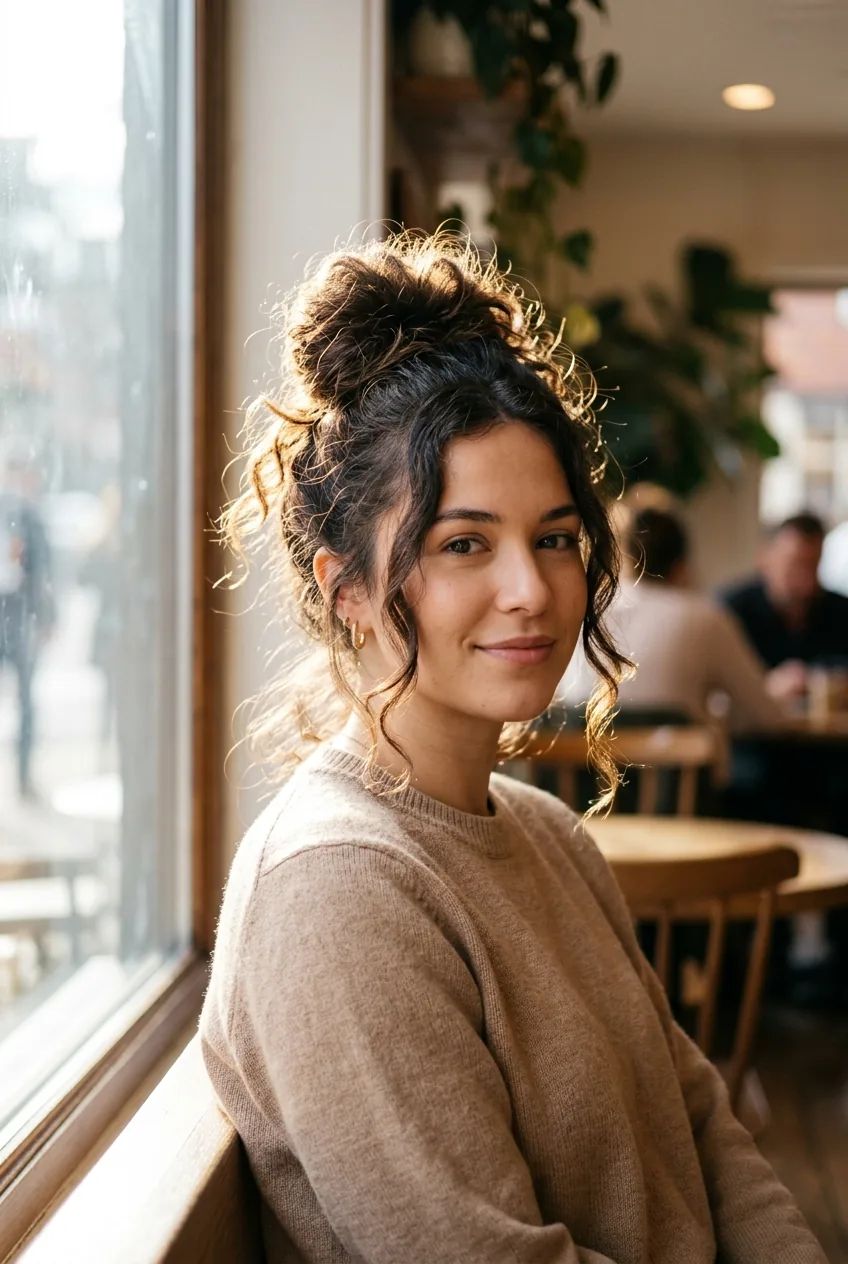 Woman with textured messy top knot and loose face-framing tendrils by cafe window