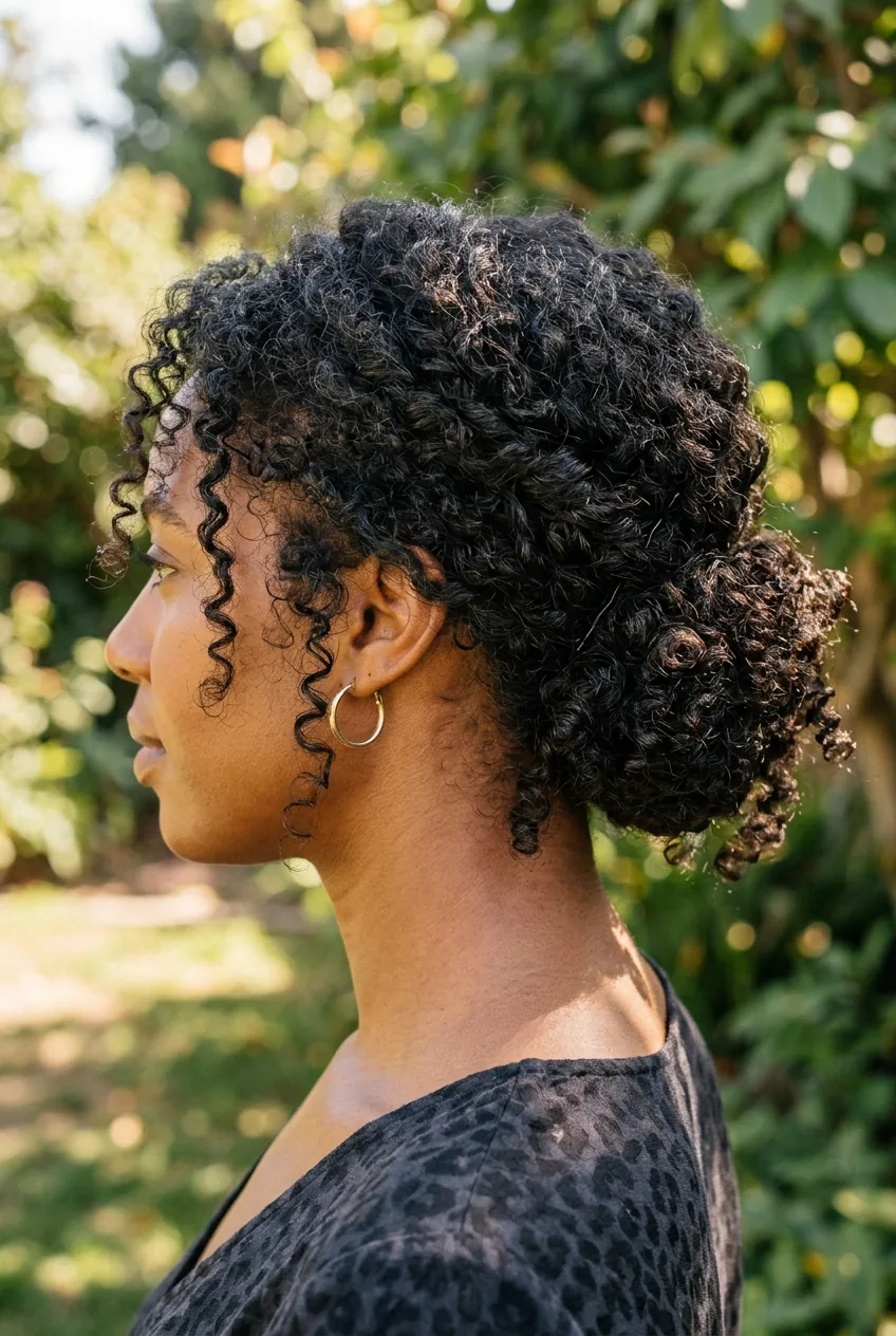 Textured updo showcasing natural curl pattern with intentionally messy finish