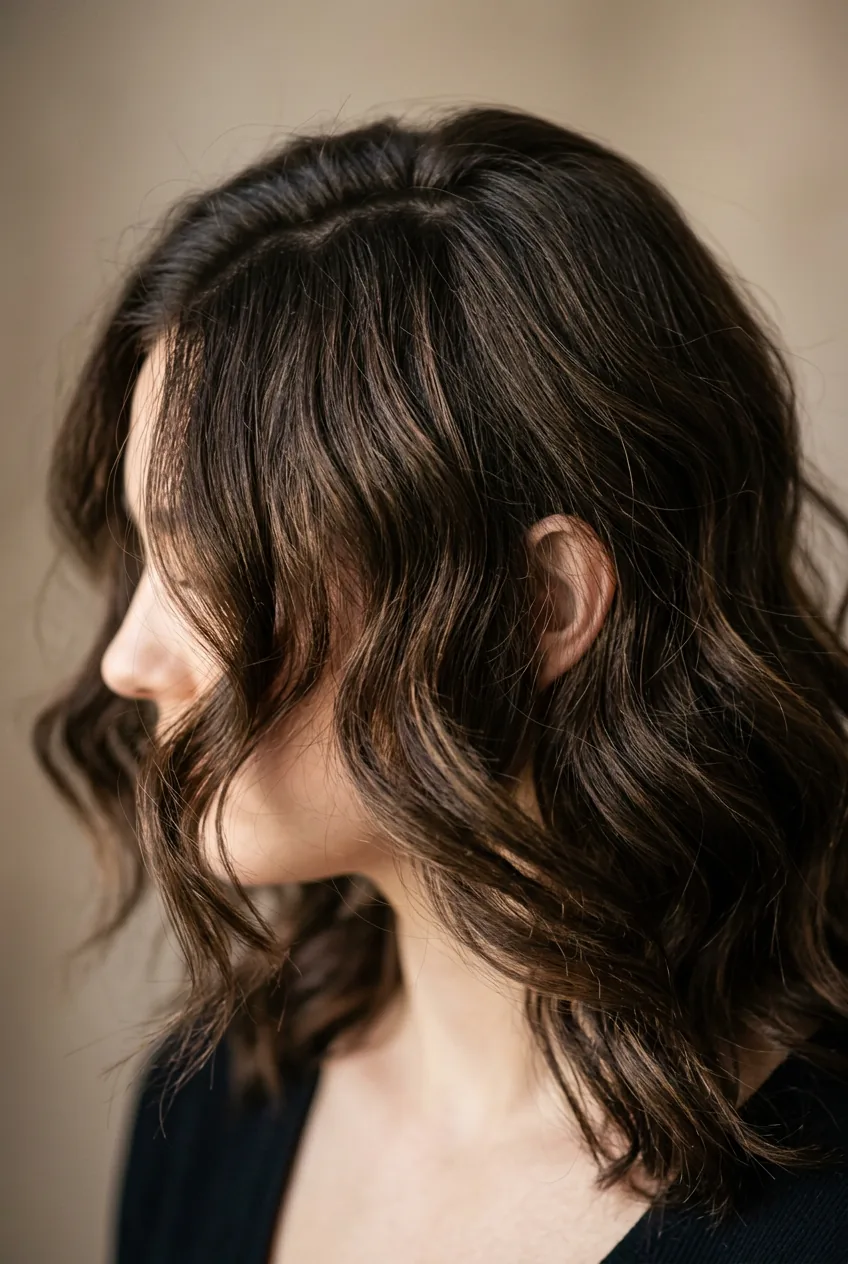 Mid-length hair with natural texture and movement captured in side lighting